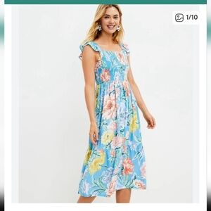 LOFT Blue Floral Garden Midi Dress
